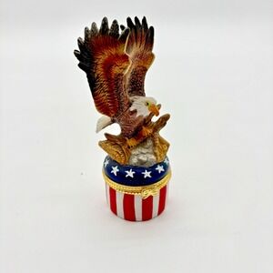 Trinket Box American Bald Eagle With Flag 5.5" Hinged Porcelain Patriotic VTG *